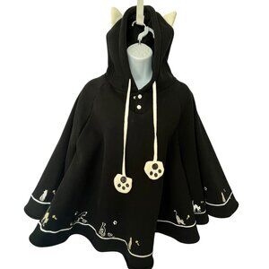 Hooded Cloak Cape Kawaii Poncho Cat Ears Paws Hoodie Black White Fleece One Size